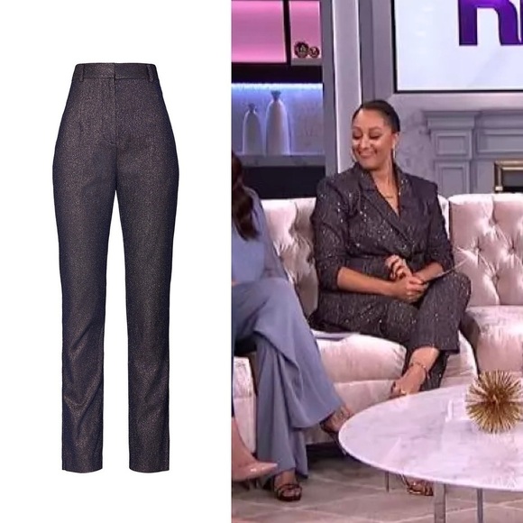 C/MEO‎ 70s Navy Met­al­lic Shimmer Ultra High Waist Slim Ankle Slit Trousers 4 - Picture 11 of 11